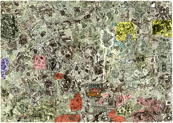 'Turkey' ~ Pencils, ink, mixed media, acid-free glue on rag paper ~ 18.25x25.75 inches