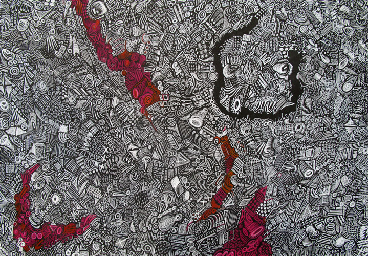 'Red/White Chalkboard' ~ Wax pencil, spray paint on rag paper ~ 18x25.75 inches